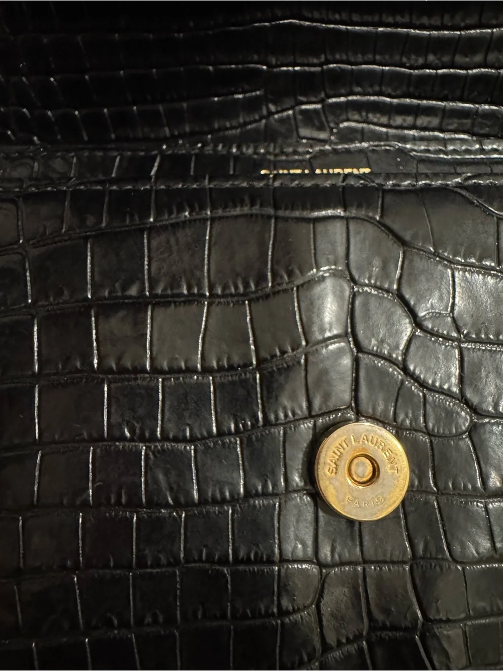 Saint Laurent Sunset Black Croc-Embossed Suede-Trim Shoulder Bag